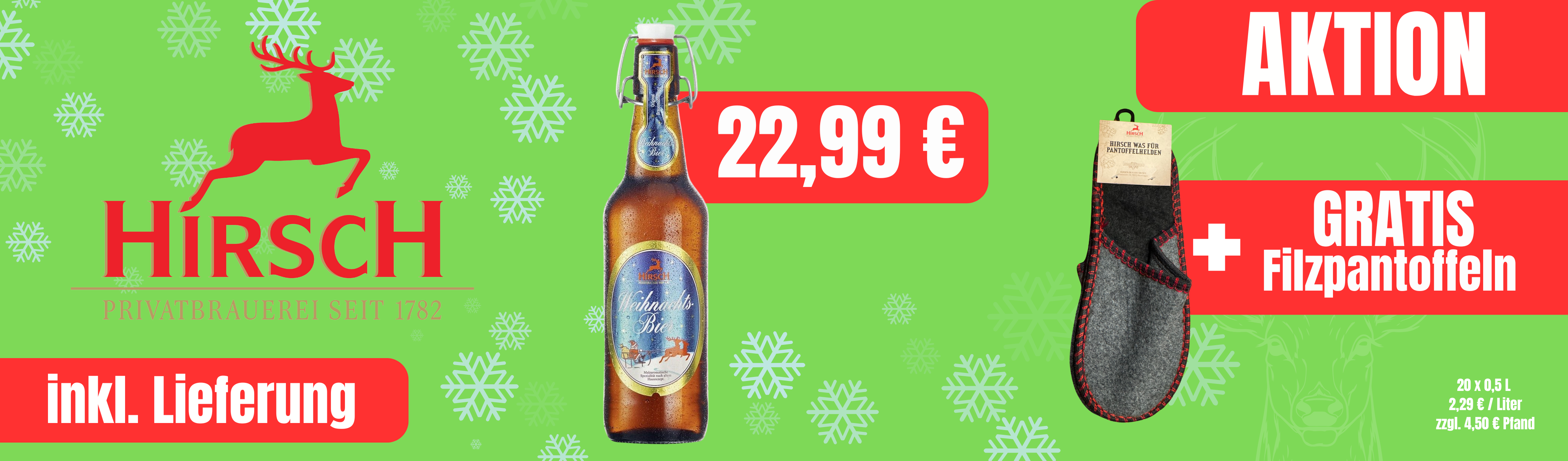 Hirsch Weihnachtsbier plus Filzpantoffeln