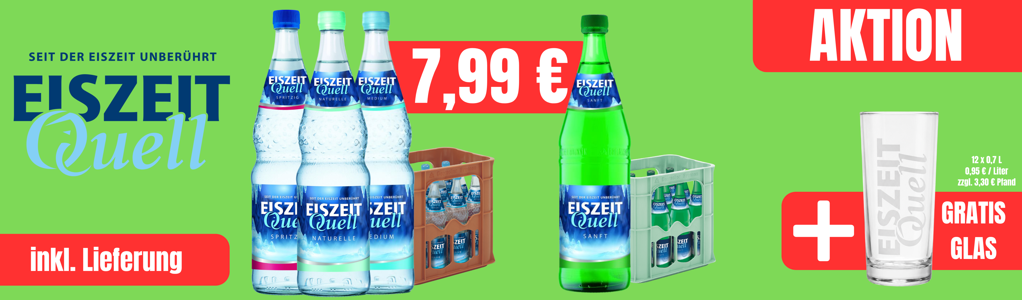 Eiszeit Wasser 0,7 L plus Glas gratis